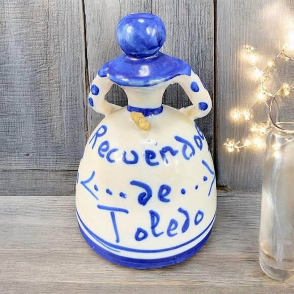 Spanish Lady Bell Toledo Hand Painted Ceramic Pottery Bell Figurine White Blue - Picture 2 of 12
